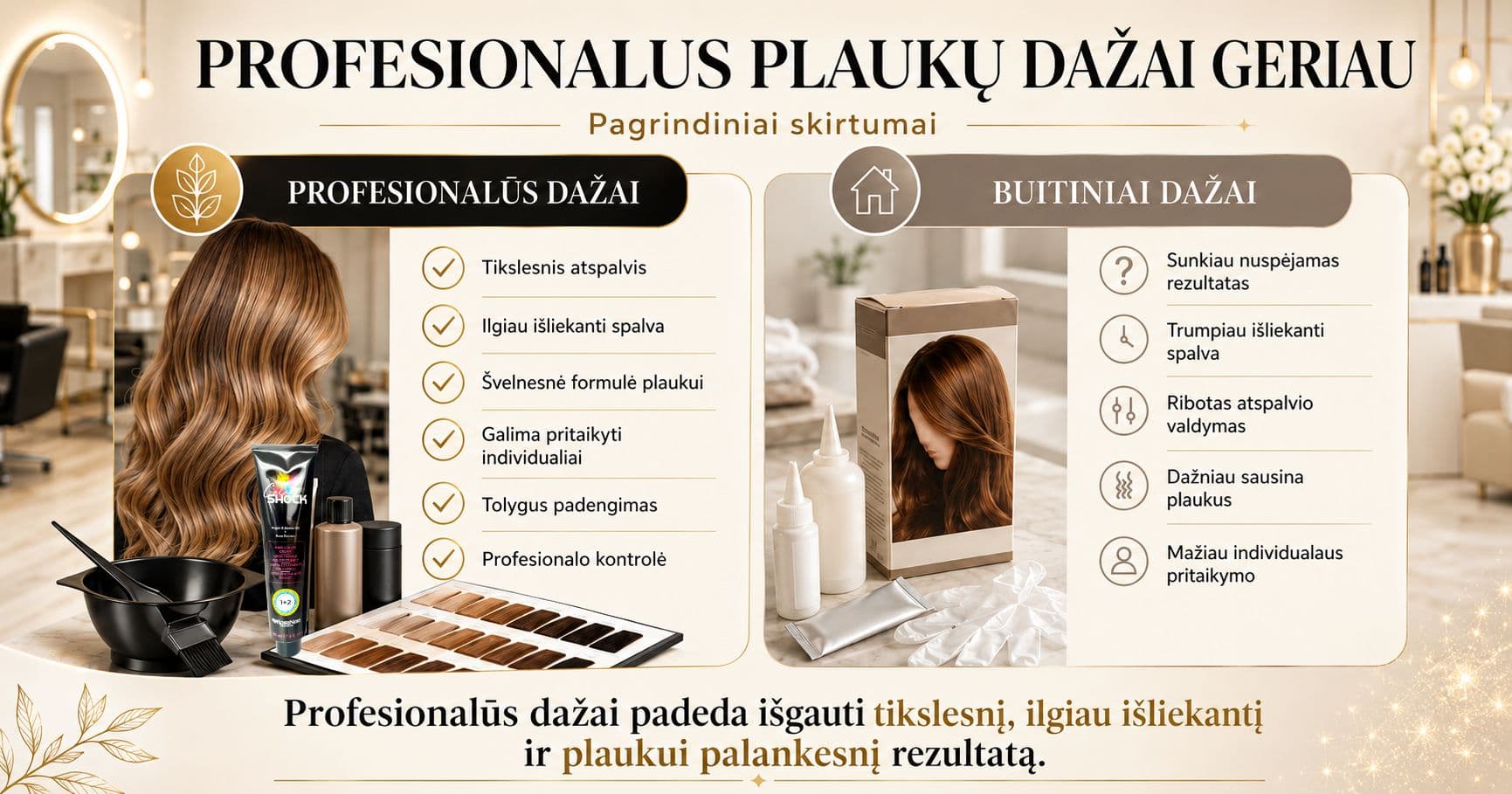 Kodėl profesionalūs plaukų dažai geriau nei buitiniai?