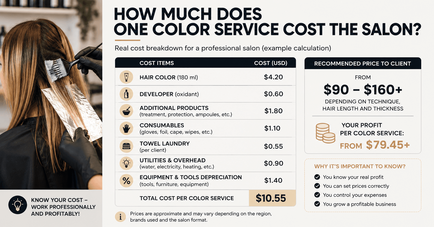 What does the dye cost of one coloring in a salon?