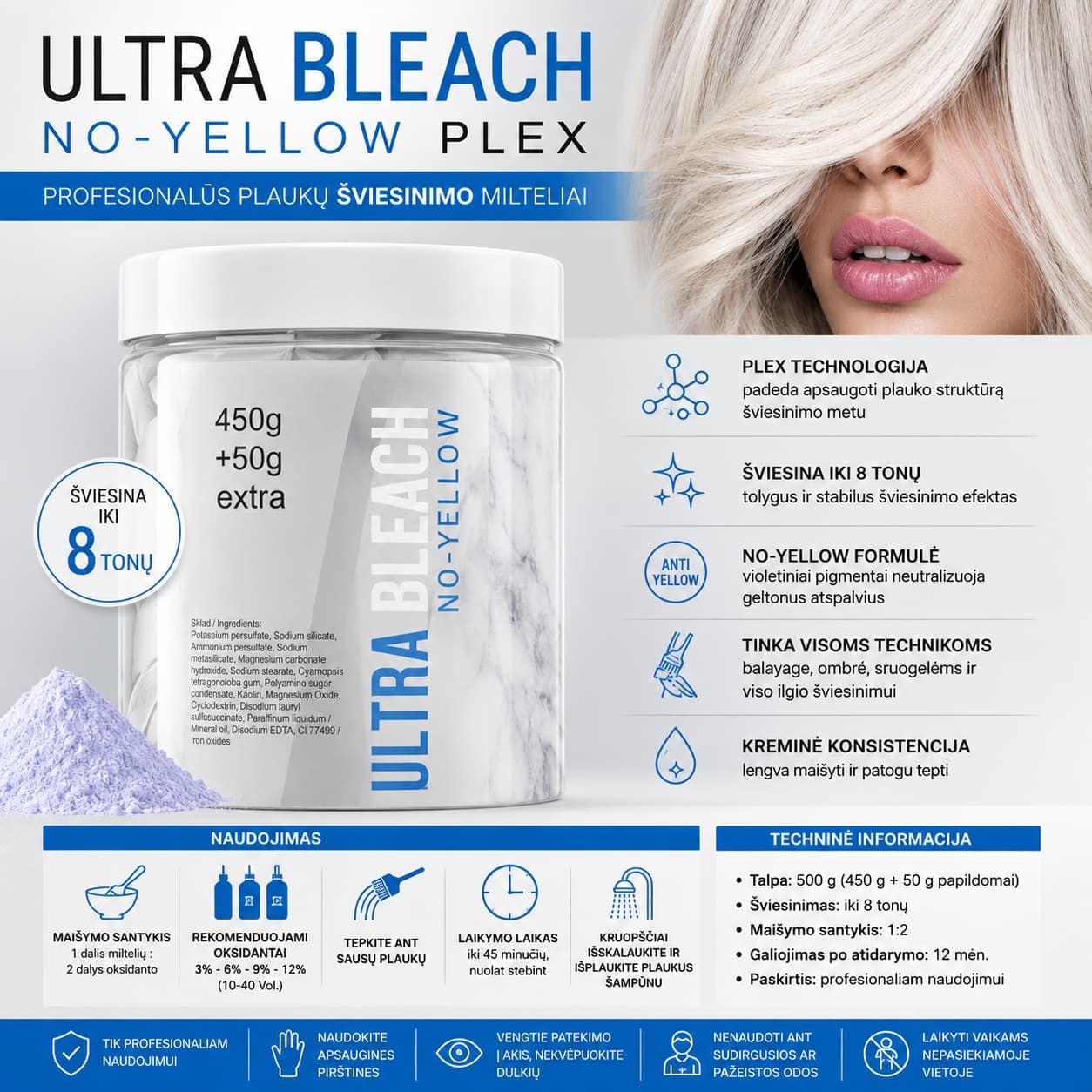 Ultra Bleach No-Yellow PLEX – Profesionalūs plaukų šviesinimo milteliai 500 g — 2