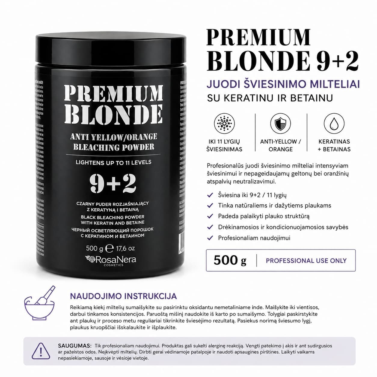 „Premium Blonde 9+2“ – juodi plaukų šviesinimo milteliai — 2